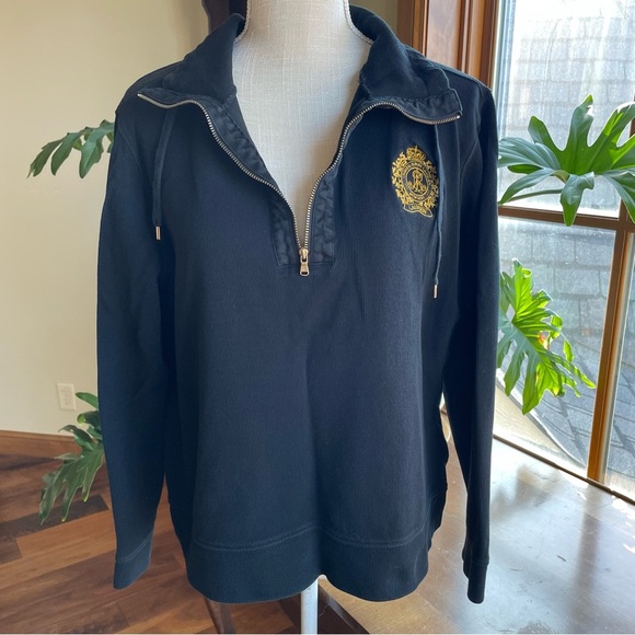 Lauren Ralph Lauren Black Half-Zip Funnel Neck Sweatshirt with Gold Crest Emblem - Picture 2 of 12